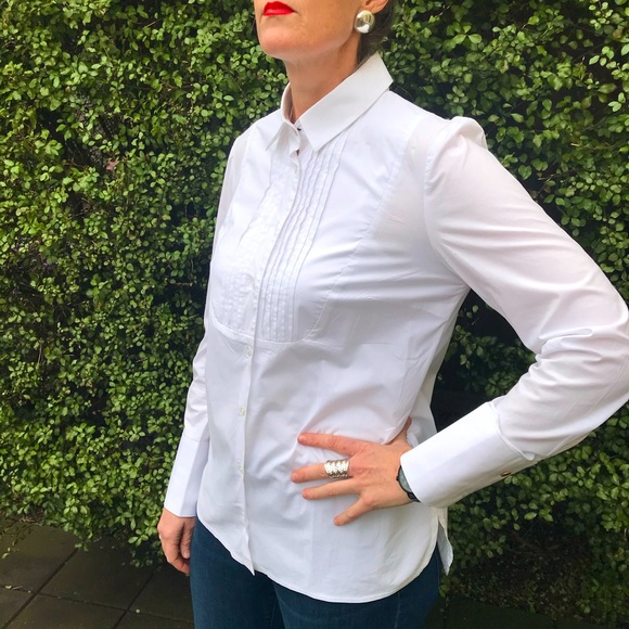 (Unknown) Size 12 White Tuxedo Knife Pleat Cotton Full Cuff Gold Button Shirt - Picture 13 of 15